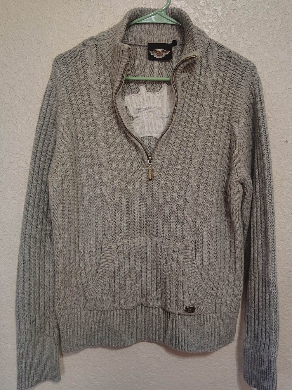 Harley-Davidson Gray Cable Knit Half-Zip Sweater with Kangaroo Pocket